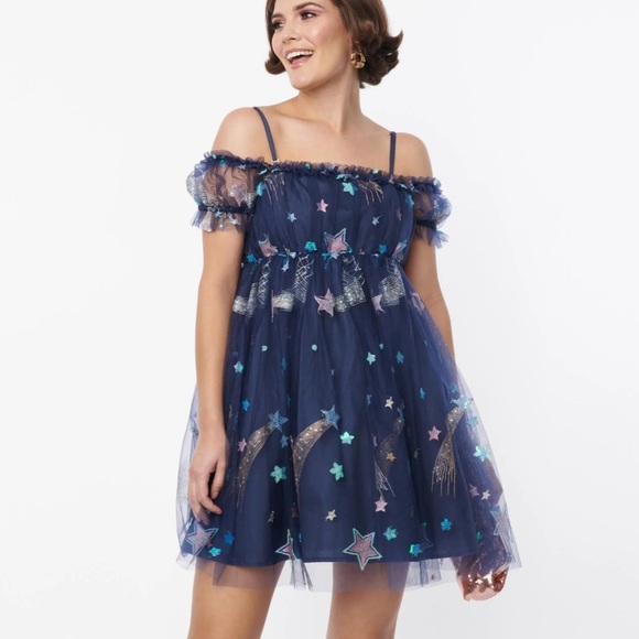 NWT Navy Glitter Off-The-Shoulder Babydoll Dress Great for The Eras Tour! - Picture 4 of 5